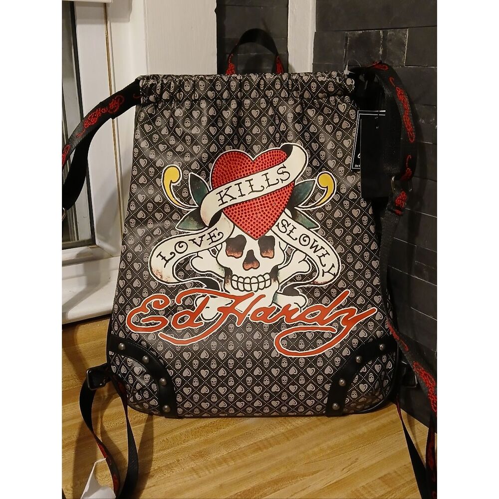 Ed Hardy Black Backpack with Red, White and Yellow Skull Heart Graphic
